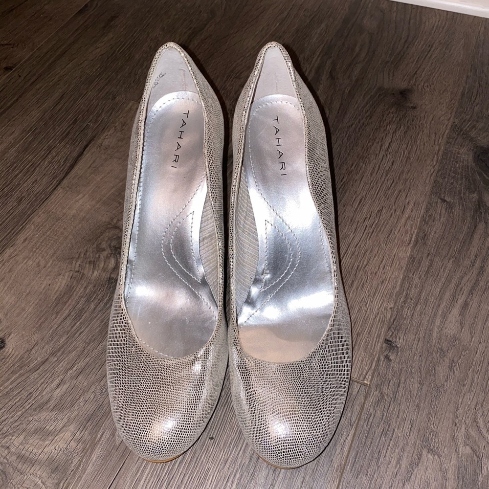 Tahari Colette Silver Snakeskin Heels